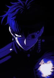 1boy black_background blue_eyes blue_hair chamuchai dark earrings eye_print eyepatch face_piercing gakuran highres hole_in_chest hole_on_body jewelry labret_piercing last_defense_academy_school_uniform looking_at_viewer male_focus omokage_yugamu piercing print_eyepatch school_uniform short_hair simple_background solo the_hundred_line_-last_defense_academy-
