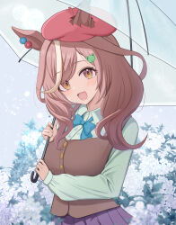 1girl absurdres alternate_costume animal_ears breasts brown_hair commentary_request filkia flower hair_between_eyes hair_ornament hat highres horse_ears horse_girl looking_at_viewer matikane_tannhauser_(umamusume) medium_breasts medium_hair open_mouth rain ribbon solo umamusume