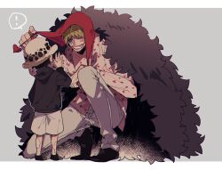 ! 2boys ^_^ aged_down black_coat black_hair black_hoodie black_shoes blonde_hair blush child closed_eyes coat coat_on_shoulders collarbone collared_shirt commentary_request donquixote_rocinante facial_mark feather_coat fur_hat grey_background grin hand_up hat heart heart_print hood hood_down hoodie long_sleeves male_focus multiple_boys nagisawa_(ngsw_coconut) on_one_knee one_piece pants pink_shirt print_shirt red_hood red_lips shirt shoes short_hair shorts simple_background smile speech_bubble spoken_exclamation_mark standing teeth trafalgar_law two-tone_background white_background white_hat white_pants white_shorts