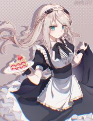 1girl apron black_wrist_cuffs blonde_hair braid breasts cake cake_slice crown_braid dated dress eiyuu_densetsu elaine_auclair floating_hair food green_eyes highres holding holding_plate kuro_no_kiseki_(series) long_hair looking_at_viewer maid maid_apron medium_breasts parted_bangs plate simple_background solo strawberry_shortcake willfin wrist_cuffs