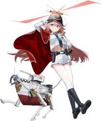1girl aqua_eyes azur_lane belt black_belt black_boots black_gloves black_hat black_necktie boots cape chain chain_leash full_body gallant_(azur_lane) gloves grin gun hand_on_own_hip hand_up hat highres holster knee_boots leash long_hair long_sleeves looking_at_viewer navel necktie non-web_source official_art pantyhose pink_hair police police_hat police_uniform policewoman red_cape rigging shirt shorts smile solo teeth weapon white_pantyhose white_shirt white_shorts