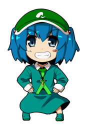 1girl blue_eyes blue_hair chibi female_focus hair_bobbles hair_ornament hands_on_own_hips hat kawashiro_nitori key matching_hair/eyes ryuu_(multitask) short_hair simple_background smile solo touhou twintails two_side_up white_background
