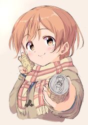 Rule 34 | 1girl, blush, brown jacket, can, can to cheek, closed mouth, cropped torso, drink can, highres, holding, holding can, hoshizora rin, incoming food, jacket, long sleeves, looking at viewer, love live!, love live! school idol project, orange eyes, orange hair, plaid clothes, plaid scarf, scarf, sen (sen0910), short hair, smile, solo, split mouth, upper body, yellow scarf