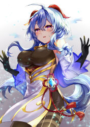 1girl ahoge bare_shoulders bell black_gloves black_pantyhose blue_hair blush breasts chinese_knot commentary cowbell detached_sleeves flower_knot ganyu_(genshin_impact) genshin_impact gloves gold_trim half-closed_eyes hands_up highres horns hoshimori_mei jewelry long_hair long_sleeves medium_breasts neck_bell pantyhose purple_eyes revision sidelocks solo tassel thighlet very_long_hair vision_(genshin_impact) white_sleeves wide_sleeves