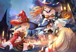 2girls absurdres bare_shoulders beatrix_(granblue_fantasy) beatrix_(halloween)_(granblue_fantasy) black_gloves blonde_hair bra breasts brown_hair cleavage detached_collar detached_sleeves gloves granblue_fantasy halloween halloween_costume happy_halloween hat highres large_breasts long_hair looking_at_viewer multiple_girls navel open_mouth orange_bra shorts smile striped_bra striped_clothes striped_shorts striped_thighhighs thighhighs twintails two-tone_bra underwear vertical-striped_bra vertical-striped_clothes vertical-striped_shorts wao_(219hukog) witch_hat zeta_(granblue_fantasy) zeta_(halloween)_(granblue_fantasy)