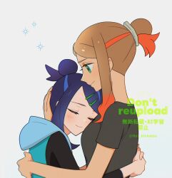2girls black_shirt blush closed_eyes closed_mouth from_side green_eyes hair_bun hair_ornament hairclip hand_on_another&#039;s_back hand_on_another&#039;s_head hood hood_down hooded_vest hoodie hug liko_(pokemon) multiple_girls nintendo orla_(pokemon) parted_bangs pokemon pokemon_(anime) pokemon_horizons rei_hinketsu shirt sidelocks simple_background smile twitter_username upper_body vest watermark white_background