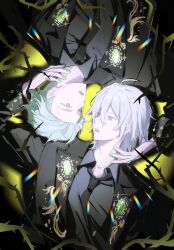 Rule 34 | 2boys, absurdres, black background, black jacket, black necktie, brooch, collared shirt, commentary request, gradient background, green background, green hair, green nails, grey eyes, grey hair, grey shirt, hands on another&#039;s cheeks, hands on another&#039;s face, highres, jacket, jewelry, looking at another, male focus, multiple boys, necktie, open mouth, salttt twst, sebek zigvolt, shirt, silver vanrouge, thorns, twisted wonderland, yaoi, yellow eyes