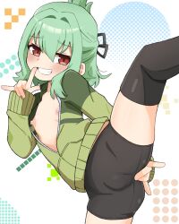1boy bike_shorts black_shorts black_thighhighs bulge crossdressing crossdressing_(mtf) green_hair green_jacket grin highres jacket koonowen leg_up looking_at_viewer male_focus nipples otori_tan parted_lips red_eyes seitokai_ni_mo_ana_wa_aru! short_hair short_shorts shorts smile solo standing standing_on_one_leg teeth thighhighs trap