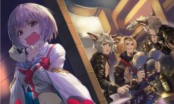 Rule 34 | 1girl, 3boys, animal ears, beard, blonde hair, brown eyes, brown hair, confused, crying, crying with eyes open, elsam (granblue fantasy), erune, facial hair, fake animal ears, granblue fantasy, lowain (granblue fantasy), mouse ears, multiple boys, nos (nos tsn), panicking, red eyes, short hair, tears, tomoi (granblue fantasy), unworn headwear, vikala (granblue fantasy), wavy mouth, white hair