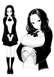 1girl absurdres blush breasts closed_mouth collared_shirt commentary_request forehead full_body greyscale highres kneehighs kuroki_yuushin large_breasts light_smile loafers long_sleeves looking_at_viewer medium_hair monochrome open_mouth original ribbon school_uniform shirt shishunki_renaissance!_david-kun shoes socks solo sweater_vest white_background