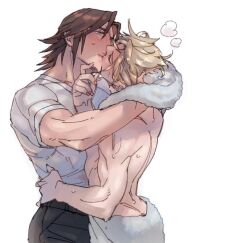 2boys arched_back arms_around_neck belt black_belt black_pants blonde_hair blue_eyes blush brown_hair closed_eyes cloud_strife commentary_request couple final_fantasy final_fantasy_vii final_fantasy_viii hand_on_another&#039;s_chin hand_on_another&#039;s_hip kiss male_focus medium_hair multiple_boys naked_towel nose_blush pants ryouto scar scar_on_face shirt short_sleeves simple_background squall_leonhart steaming_body sweatdrop toned toned_male topless_male towel towel_around_neck upper_body white_background white_shirt yaoi