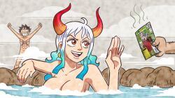 1boy 1girl 1other abs aqua_hair arms_up black_hair breasts card censored censored_nipples convenient_censoring gradient_background horns large_breasts monkey_d._luffy muscular muscular_male nails one_piece orange_eyes sauna scar scar_on_breasts smile steve_yurko victory_pose water white_hair yamato_(one_piece)