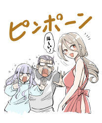 1boy 2girls apron blue_eyes blush breasts brown_eyes brown_hair commentary_request glasses hair_ornament highres hood hoodie large_breasts mature_female mother_and_daughter multiple_girls naked_apron open_mouth original ponytail purple_hair sino_sakisaki translation_request x_hair_ornament
