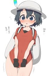 Rule 34 | backpack, bag, black hair, blue eyes, blush, bottomless, clothes pull, covered erect nipples, covered navel, gloves, gluteal fold, hat feather, helmet, highres, kaban (kemono friends), kemono friends, open mouth, pith helmet, ransusan, red shirt, shirt, shirt pull, short hair, short sleeves, translated, wavy hair