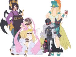 2girls alternate_costume angewomon artist_name bare_shoulders bat_tattoo bat_wings black_hair blonde_hair breasts cheeso_art cleavage covered_eyes demon demon_girl demon_horns demon_wings digimon digimon_(creature) eyeshadow facial_mark forehead_mark forehead_tattoo hair_ornament helmet helmet_over_eyes highres horns ladydevimon large_breasts lilithmon long_hair looking_at_viewer makeup multiple_girls multiple_wings navel ofanimon pointy_ears purple_eyeshadow purple_lips short_hair smile tattoo wings