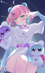 1girl ahoge aqua_eyes aqua_hair arm_up bare_legs blue_nails cherry_blossoms clothes_writing cocoablue23 collarbone colored_inner_hair earrings electric_plug game_club_project grin hair_ornament hairclip highres jewelry long_sleeves medium_hair multicolored_hair multicolored_nails nail_polish pink_hair pink_nails planet_hair_ornament power_symbol sakuragi_miria sash shirt shooting_star single_bare_shoulder single_earring sitting sky smile solo star_(sky) starry_sky t-shirt teeth twintails vocaloid vsinger_(vocaloid) w w_over_eye waist_sash white_shirt