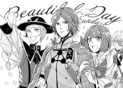 ... ._. 1girl 3boys :d :| arm_up chousokabe_motochika_(sengoku_basara) closed_mouth english_text eyepatch greyscale hat holding_another&#039;s_arm male_focus monochrome mouri_motonari_(sengoku_basara) multiple_boys ootomo_sourin_(sengoku_basara) open_mouth sengoku_basara short_hair sketch smile sparkle spoken_ellipsis sweat toruglose tsuruhime_(sengoku_basara) upper_body white_background wide_sleeves