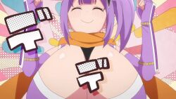 1girl animated anime_screenshot bare_shoulders bouncing_breasts breasts cleavage closed_eyes elbow_gloves gigantic_breasts gloves hair_ornament highres huge_breasts japanese_clothes kimono kusagakure_satoko long_hair ninja_to_koroshiya_no_futarigurashi orange_scarf purple_hair purple_kimono sash scarf shuriken_hair_ornament side_ponytail sleeveless sleeveless_kimono smile sound tagme video wrist_guards
