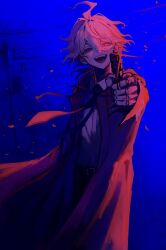 1boy ahoge aiming aiming_at_viewer coat commentary_request danganronpa_(series) danganronpa_2:_goodbye_despair feet_out_of_frame gun hair_between_eyes half-closed_eyes highres holding holding_gun holding_weapon komaeda_nagito limited_palette long_sleeves looking_at_viewer male_focus messy_hair necktie open_mouth red_coat red_necktie sei_yaaa short_hair smile solo teeth upper_teeth_only utility_pole weapon