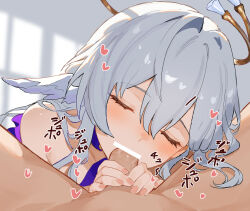 1girl bar_censor blush censored choker closed_eyes fellatio grey_hair halo halo_behind_head head_wings heart hetero honkai:_star_rail honkai_(series) oral penis pov pov_crotch purple_choker robin_(honkai:_star_rail) white_wings wings yomiji292