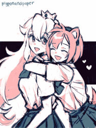 2girls :d ^_^ amy_rose animal_ears black_bow black_skirt blush bow character_request check_character closed_eyes collared_shirt commentary_request crossover crown hair_between_eyes highres hug hug_from_behind humanization long_hair mario_(series) mini_crown multiple_girls nintendo numbers_(pigpenandpaper) open_mouth pink_hair pleated_skirt princess_peach red_eyes shirt skirt smile sonic_(series) tail very_long_hair white_shirt