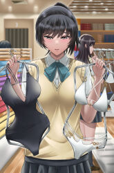 3girls absurdres amagami bikini black_eyes black_one-piece_swimsuit black_skirt blue_bow blue_bowtie bow bowtie clothes_hanger collared_shirt cowboy_shot fie_nanoo highres holding holding_clothes_hanger holding_swimsuit holding_unworn_clothes indoors kibito_high_school_uniform looking_at_viewer morishima_haruka multiple_girls nanasaki_ai one-piece_swimsuit parted_lips pleated_skirt school_uniform shirt shopping short_hair short_sleeves skirt sweater_vest swimsuit swimsuit_hanger tsukahara_hibiki unworn_swimsuit white_bikini white_shirt yellow_sweater_vest