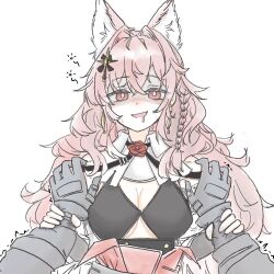 1girl animal_ears arknights assertive_female black_gloves braid breasts bright_pupils cleavage commentary_request crossed_bangs drunk gloves hair_between_eyes hair_ornament highres holding_another&#039;s_wrist korean_commentary long_hair long_sleeves medium_breasts official_alternate_costume pink_eyes pink_hair pov pov_hands pozyomka_(arknights) pozyomka_(snowy_plains_in_words)_(arknights) shaded_face simple_background squeans strap sussurrobestmom trembling white_background white_pupils