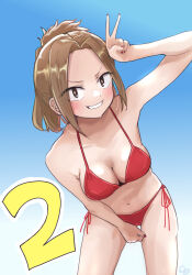 1girl bikini blush boku_no_kokoro_no_yabai_yatsu breasts brown_eyes brown_hair cleavage clenched_teeth collarbone cow highres leaning_forward looking_at_viewer medium_breasts nail_polish navel parted_bangs paso red_bikini red_nails short_hair side-tie_bikini_bottom signature solo string_bikini swimsuit teeth vest yoshida_serina