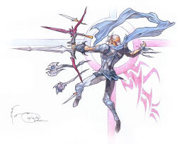 1boy 2009 armor axe bandana black_armor blue_scarf bow_(weapon) dagger dissidia_final_fantasy dominic_ian_cabatit final_fantasy final_fantasy_ii firion full_body highres holding holding_bow_(weapon) holding_weapon knife mage_staff male_focus orange_bandana polearm scarf short_hair solo spear sword weapon white_hair