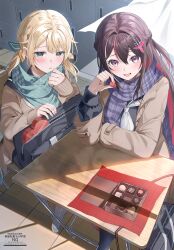 2girls absurdres alternate_costume alternate_hairstyle azki_(hololive) bag black_pantyhose black_shirt blonde_hair blush box box_of_chocolates braid breasts brown_cardigan brown_coat brown_hair candy cardigan chocolate chocolate_heart chopsticks classroom coat colored_inner_hair commentary curtains day desk double-parted_bangs feet_out_of_frame flower food getabako green_eyes green_scarf hair_between_eyes hair_flower hair_intakes hair_ornament half_up_braid half_updo heart heart-shaped_box heart-shaped_food highres holding holding_chopsticks hololive indoors kakeru_(kakekaker001) kazama_iroha long_hair long_sleeves looking_at_viewer low_twintails medium_breasts medium_hair mole mole_under_eye multicolored_hair multiple_girls neckerchief open_mouth pantyhose parted_lips pink_hair plaid_clothes plaid_scarf purple_eyes purple_scarf scarf school_bag school_desk shirt sitting sleeves_past_wrists smile streaked_hair sunlight tile_floor tiles twintails twitter_username valentine virtual_youtuber watermark white_hair white_neckerchief
