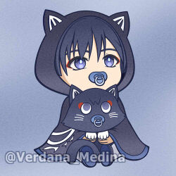 1boy alternate_costume animal animal_ear_hood animalization black_cat black_cloak black_hair black_hood blue_shoes blue_trim bright_pupils cat cloak eyeliner eyeshadow fake_animal_ears genshin_impact holding holding_animal holding_cat hood hood_up hooded_cloak looking_up lowres makeup official_alternate_costume pacifier person_and_animalization purple_eyes red_eyeliner red_eyeshadow scaramouche_(cat)_(genshin_impact) scaramouche_(genshin_impact) shoes sitting tareme twitter_username verdana_medina wanderer_(genshin_impact) white_pupils white_trim wispy_bangs