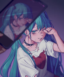 Rule 34 | 1girl, 1other, absurdres, aqua hair, artist name, bags under eyes, black nails, choker, commentary, danik, ear piercing, english commentary, face piercing, hatsune miku, heart, heart tattoo, highres, holding, holding phone, lip piercing, phone, piercing, sad girl sex (vocaloid), shirt, spiked choker, spikes, t-shirt, tattoo, tears, teeth, torn clothes, torn shirt, twintails, vocaloid, white shirt, wiping tears