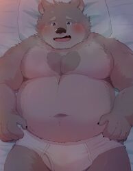 1boy absurdres bara bear_boy fangs fat furry furry_male green_eyes highres jambavan_(housamo) large_pectorals lying male_focus male_underwear navel on_back open_mouth pectorals pillow solo tokyo_houkago_summoners underwear underwear_only white_male_underwear zuboboz