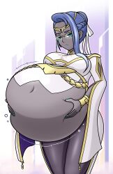 1girl absurdres big_belly blue_hair blue_nails breasts dark-skinned_female dark55321 dark_skin fire_emblem fire_emblem_heroes glasses hair_bun heimdallr_(fire_emblem) highres holding_belly large_breasts lipstick looking_at_viewer makeup navel nintendo office_lady serious solo stomach_bulge stomach_growling