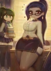 2girls animal_hair_ornament arm_support belt black_thighhighs blizzard_(company) blush book book_stack bow bowtie breasts brown_thighhighs chair classroom cleavage colored_skin desk earrings fox_hair_ornament glasses gold_belt green_eyes green_hair green_necktie hair_ornament heart holding holding_book hood hoodie jewelry kiriko_(overwatch) large_breasts long_hair long_sleeves looking_at_viewer multiple_girls necktie overwatch overwatch_2 parted_lips pencil_skirt pink_eyes plaid_clothes plaid_skirt ponytail purple_bow purple_bowtie purple_hair purple_hoodie purple_lips purple_skin purple_skirt school_uniform shirt shoes skirt sleeveless sleeveless_hoodie sparkle standing teacher teacher_and_student teeth thick_thighs thighhighs thighs tony_welt white_shirt white_shoes wide_hips widowmaker_(overwatch) window window_blinds