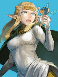 1girl blonde_hair blue_background blue_eyes blunt_bangs braid breasts bridal_gauntlets cape dungeon_meshi edo_mond_(edoedoedomond) elf fairy fairy_(dungeon_meshi) fairy_wings half_up_braid highres large_breasts open_mouth pattadol pointy_ears size_difference solo sweatdrop upper_body wings