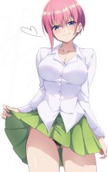 1girl black_panties blue_eyes breasts cleavage clothes_lift collarbone collared_shirt commentary_request gluteal_fold go-toubun_no_hanayome green_skirt heart highres large_breasts lifting_own_clothes looking_at_viewer nakano_ichika nishizuki_shino panties pink_hair shirt short_hair simple_background skirt skirt_lift smile solo thighs underwear white_background white_shirt