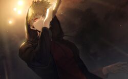 1boy alternate_costume arm_up bakugou_katsuki black_hoodie blonde_hair boku_no_hero_academia highres holding holding_microphone hood hood_up hoodie long_sleeves looking_to_the_side male_focus microphone red_eyes ryo_(piggerworld) short_hair sideways_glance solo