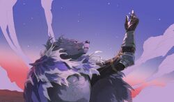 1boy animal_ears arm_up armor black_fur blaidd_the_half-wolf closed_mouth cloud cloudy_sky commentary dog_nose elden_ring english_commentary fang fang_out furry furry_male highres looking_up luoluokun517 male_focus reaching scar scar_across_eye scar_on_face sky twilight wolf_boy wolf_ears
