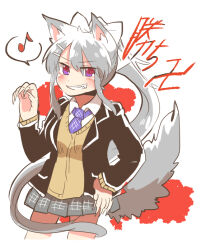 1girl animal_ear_fluff animal_ears black_jacket blazer blush_stickers bow chibi collared_shirt cropped_legs eighth_note fingernails grey_skirt grin hair_between_eyes hair_bow hand_on_own_hip higuchi_kaede higuchi_kaede_(1st_costume) jacket kemonomimi_mode long_fingernails musical_note necktie nijisanji open_clothes open_jacket pleated_skirt purple_eyes purple_necktie rebecca_(keinelove) school_uniform sharp_fingernails shirt simple_background skirt smile solo spoken_musical_note tail translation_request virtual_youtuber white_background white_bow white_shirt wolf_ears wolf_girl wolf_tail
