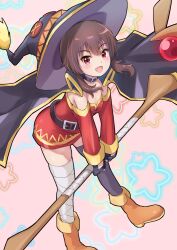 Rule 34 | 1girl, ankle boots, asymmetrical legwear, bandaged leg, bandages, belt, belt collar, black belt, black cape, black hat, black thighhighs, blush, boots, breasts, brown boots, brown hair, button eyes, buttons, cape, collar, commentary, dress, fingerless gloves, floating cape, gloves, hat, holding, holding staff, kono subarashii sekai ni shukufuku wo!, leaning forward, looking at viewer, mage staff, megumin, mismatched legwear, off-shoulder dress, off shoulder, open mouth, pariya 0001, pink background, red dress, red eyes, short dress, short hair with long locks, single thighhigh, small breasts, smile, solo, staff, star (symbol), thighhighs, witch hat
