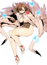 1girl bare_shoulders breasts brown_eyes brown_hair bug butterfly cleavage dress earrings fate/grand_order fate_(series) full_body gloves grin high_heels highres insect jewelry large_breasts looking_at_viewer minew short_hair smile solo yu_mei-ren_(fate)