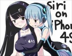 2girls amino_kohaku apple_inc. breasts brown_hair cellphone choker headset iphone light_purple_hair logo md5_mismatch multiple_girls personification phone siri smartphone twintails