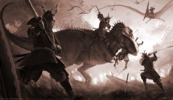 6+boys absurdres aiming anachronism armor arrow_(projectile) arvalis battle biting blood bow_(weapon) closed_eyes death dinosaur epic forest hannya helmet highres japanese_armor kabuto_(helmet) katana kote kusazuri male_focus manly mask monochrome multiple_boys nagamaki nature noh_mask open_mouth original outdoors plant planted planted_sword planted_weapon polearm prehistoric_animal pterosaur riding riding_dinosaur samurai sepia shoulder_armor signature sky sode spear suneate sword tree tyrannosaurus_rex weapon