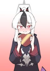Rule 34 | 1girl, absurdres, black hair, black hoodie, black horns, blue archive, blush, chocolate, closed mouth, commentary, demon horns, food, gradient background, hair between eyes, halo, hands up, highres, holding, holding chocolate, holding food, hood, hoodie, horns, jonasmk, kayoko (blue archive), long sleeves, looking at viewer, multicolored hair, red eyes, sidelocks, solo, standing, sweat, two-tone hair, white hair