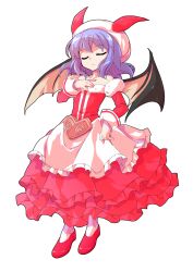 1girl bare_shoulders bat_wings closed_eyes closed_mouth commentary_request commission dairi detached_sleeves dress facing_viewer frilled_dress frills full_body fur-trimmed_sleeves fur_trim hand_on_own_chest hat large_variant_set purple_hair red_dress red_shoes red_sleeves remilia_scarlet shoes short_hair skeb_commission solo standing strapless strapless_dress tachi-e touhou transparent_background variant_set white_hat wings
