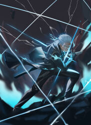 1boy absurdres coat devil_may_cry_(series) devil_may_cry_5 dopapoonile fighting_stance fingerless_gloves gloves hair_slicked_back highres holding holding_sword holding_weapon sheath solo sword unsheathing vergil_(devil_may_cry) weapon white_hair yamato_(sword)