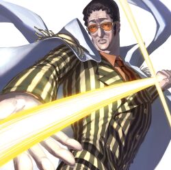 Rule 34 | 1boy, absurdres, coat, coat on shoulders, devil fruit power, facial hair, fighting stance, formal clothes, highres, kizaru (one piece), male focus, marine uniform (one piece), mustache stubble, one piece, orange-tinted eyewear, solo, striped suit, stubble, suit, sunglasses, tinted eyewear, vertical-striped suit, wvq0m, yellow suit