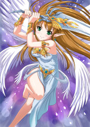 1girl angel_wings armlet barbariccia barefoot brooch brown_hair chaki-yam dress female_focus full_body green_eyes jewelry long_hair lots_of_jewelry pointy_ears purple_background romancing_saga saga smile solo sword weapon white_dress wings