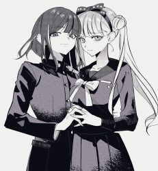 1boy 1girl bow brother_and_sister cowboy_shot ear_piercing greyscale hair_bow hair_bun hairband highres holding_hands interlocked_fingers jacket long_hair looking_at_viewer mito_(commando_seagal) monochrome piercing school_uniform short_hair siblings skirt smile the_hundred_line_-last_defense_academy- tsukumo_ima tsukumo_kako twins twintails
